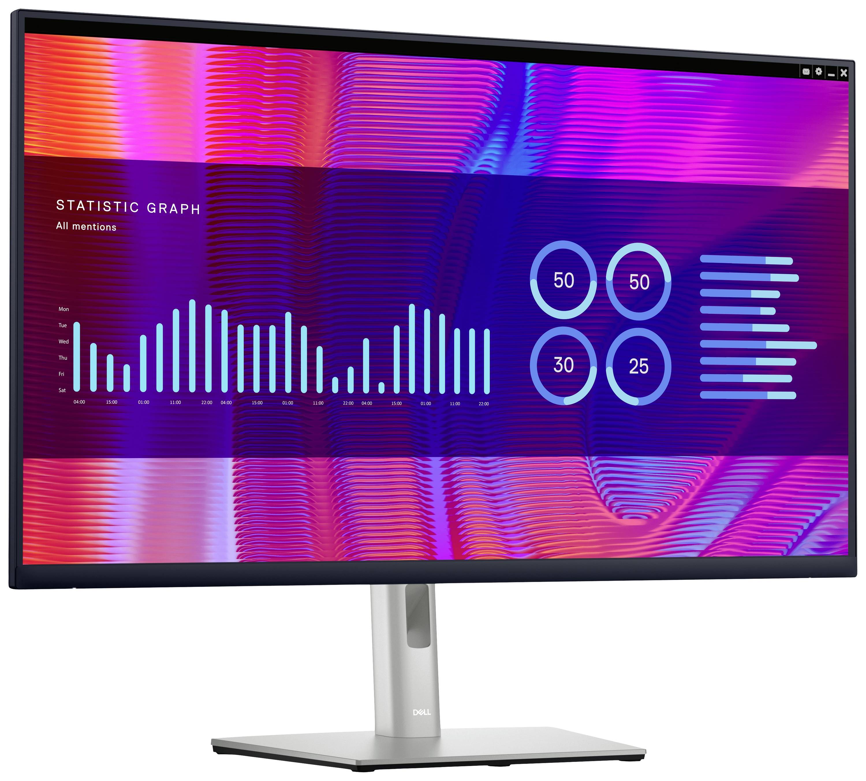 Un monitor del computer mostra un diagramma statistico con grafici a linee e a barre, nonché cerchi con i numeri 50, 30 e 25.