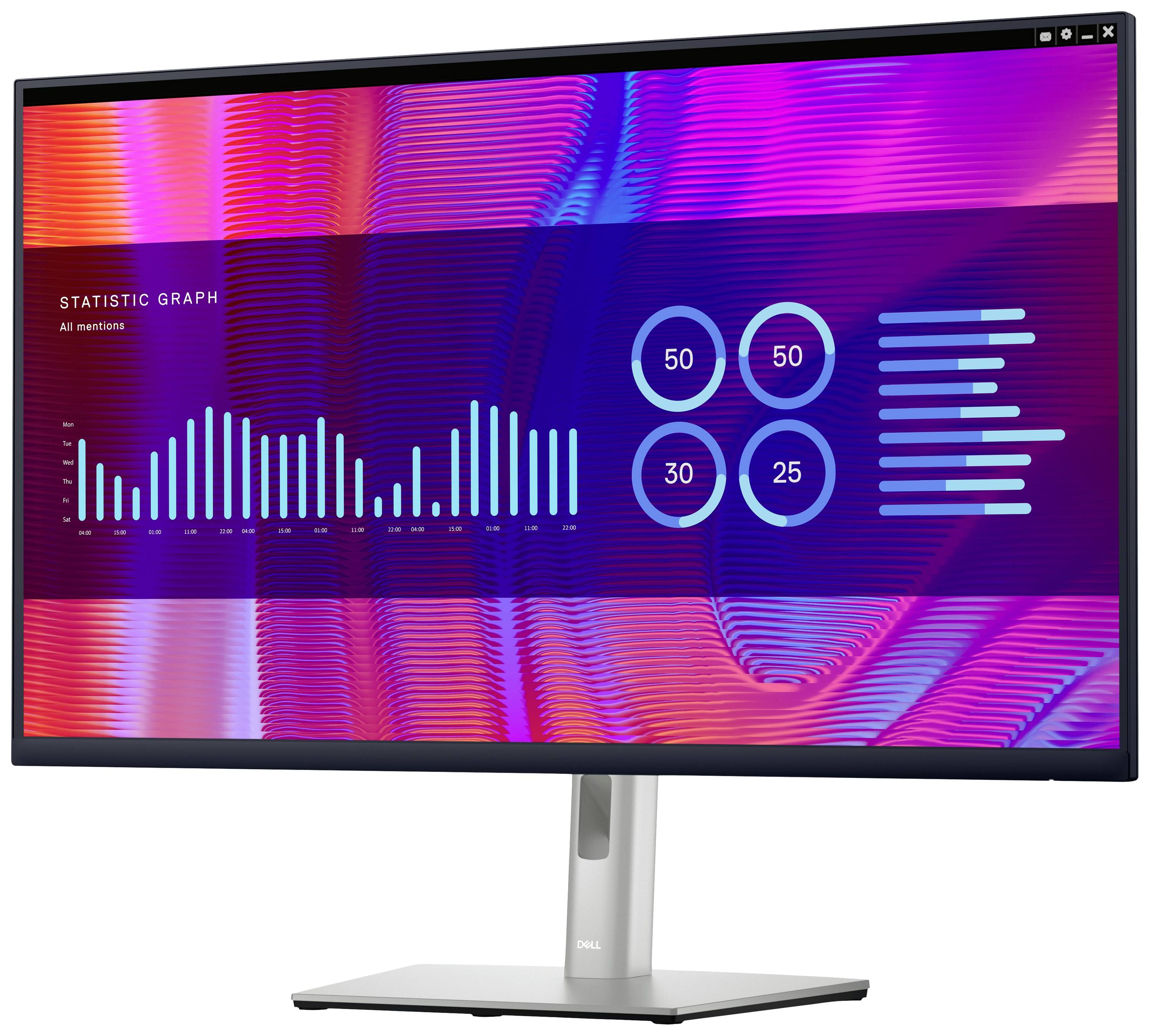 Un monitor del computer mostra un diagramma statistico con barre, cerchi e linee. Il titolo recita 'Statistic Graph'.