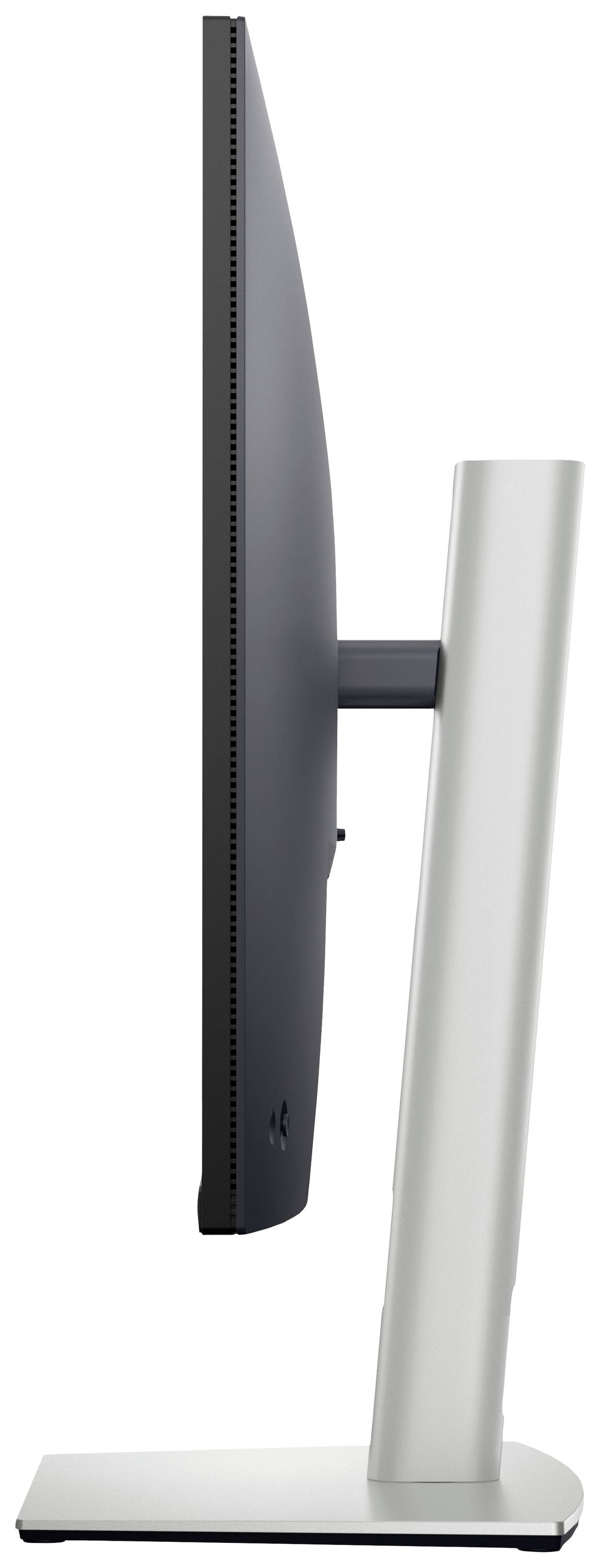 Vista laterale di un monitor computer moderno, design sottile, nero con base in argento, su sfondo bianco.
