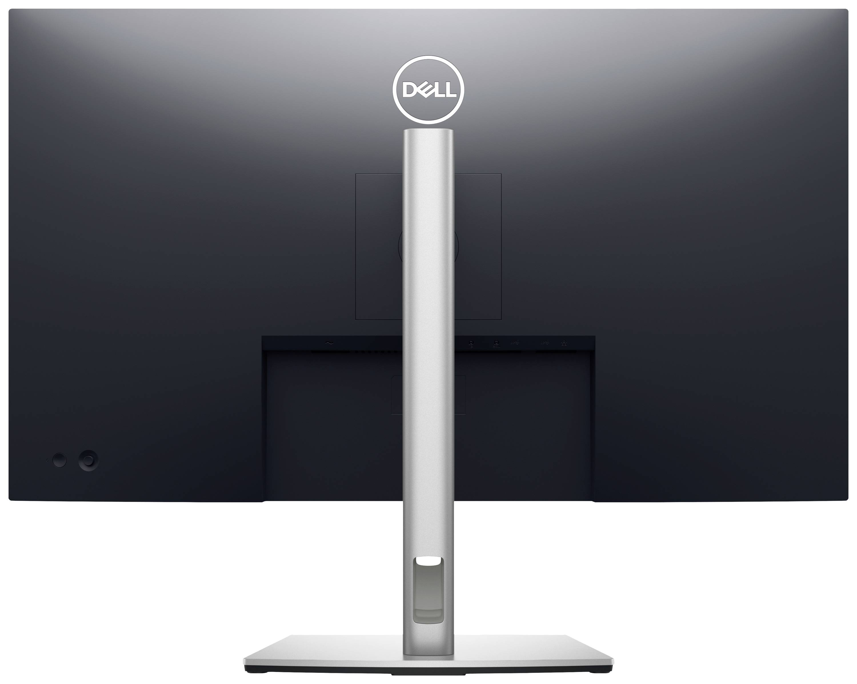 Vista posteriore di un monitor Dell con un piedistallo sottile e regolabile in altezza.