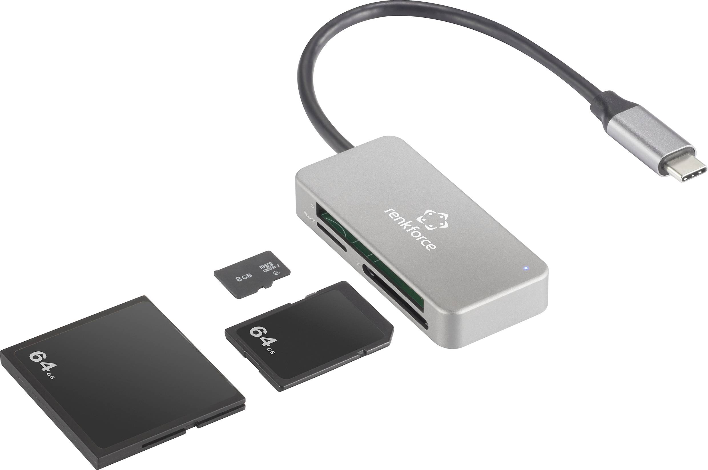 Un hub USB-C argentato con diversi slot per schede SD e microSD, accanto a due schede SD da 64 GB e una scheda microSD.