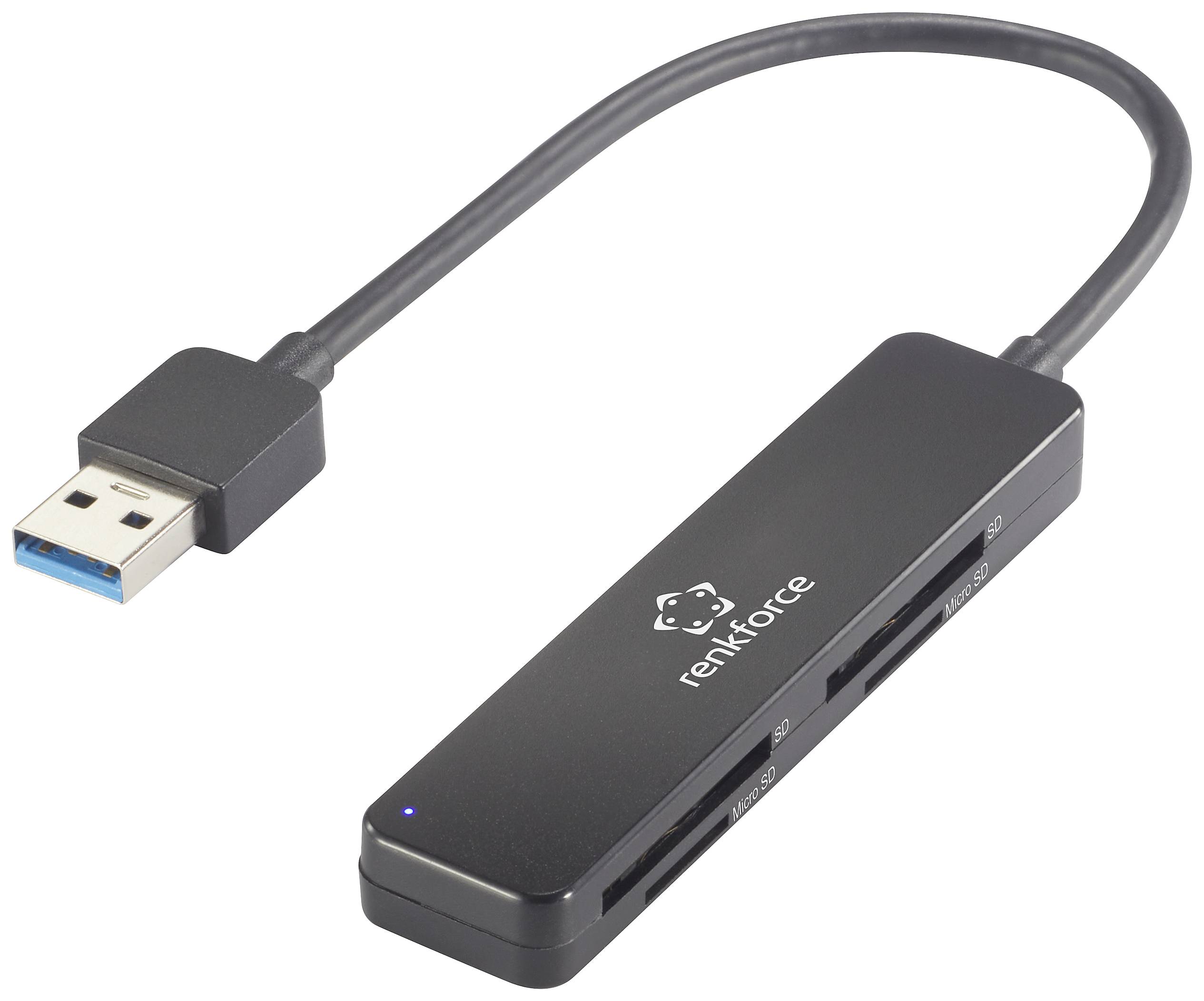 Lettore di schede esterno con connessione USB, contrassegnato con 'renkforce', dotato di più slot per l'archiviazione e il trasferimento dei dati.