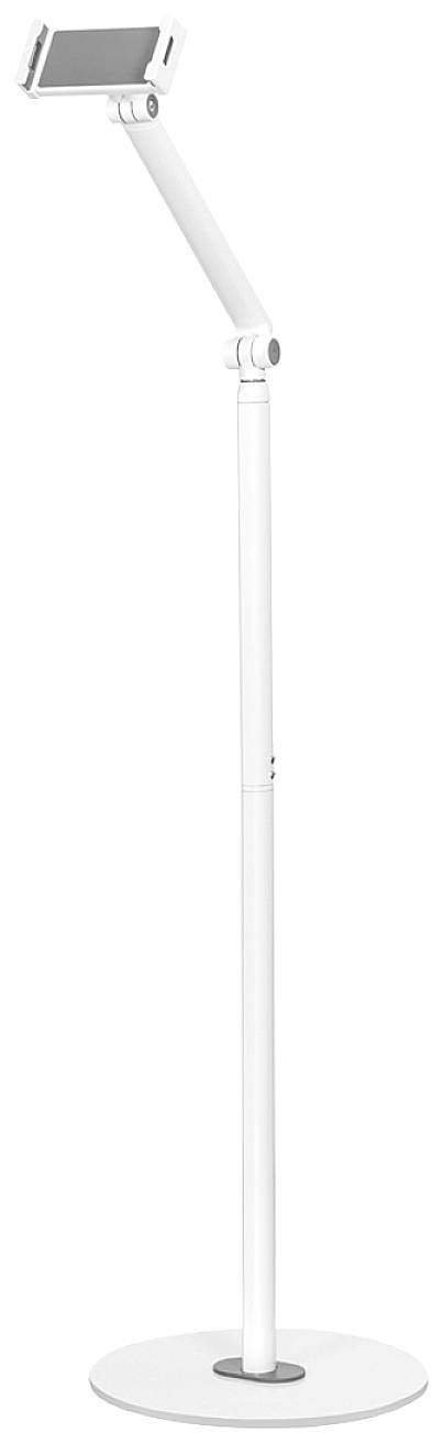Un supporto per tablet bianco, regolabile in altezza, con base rotonda e supporto per dispositivi mobili.