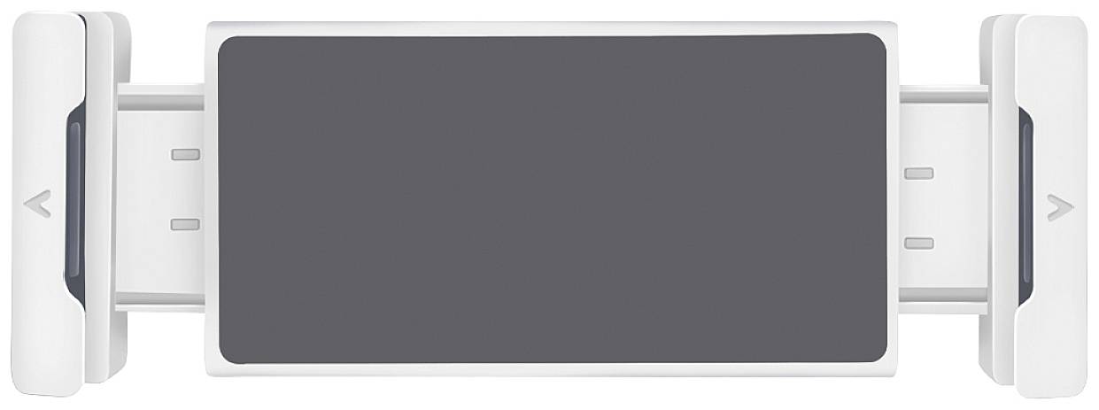 Supporto per smartphone rettangolare, grigio, telescopico, estratto. Idoneo per il fissaggio alle bocchette di aerazione dei veicoli.