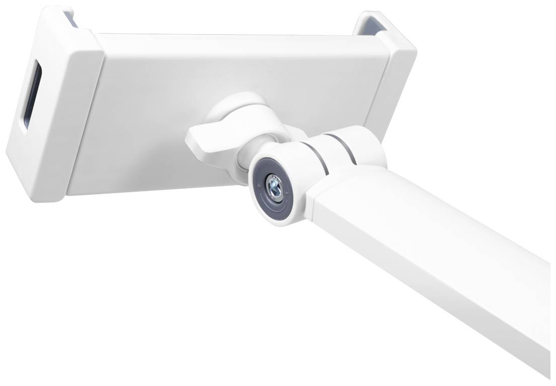 Un braccio di supporto bianco e regolabile per un dispositivo intelligente, che mostra il meccanismo di rotazione e il morsetto di fissaggio. Ideale per un utilizzo flessibile.