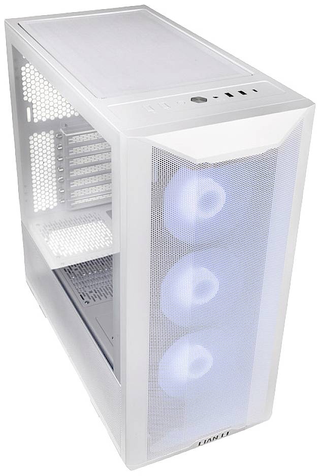 Custodia per computer bianca con tre ventole blu illuminate sul lato frontale. Presenta diversi fori di ventilazione.