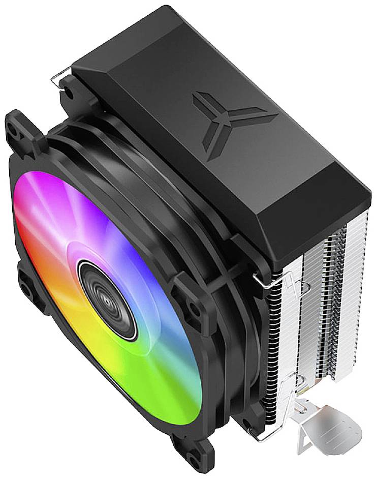 Dissipatore di calore con due ventole che brillano nei colori dell'arcobaleno. Adatto per il raffreddamento del PC, con involucro nero e alette argentate.