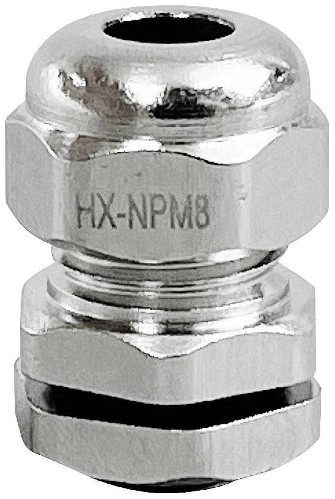 Una testa di pressacavo argentata e metallica con la scritta 'HX-NPM8', tipicamente utilizzata per il fissaggio dei cavi in involucri elettrici.