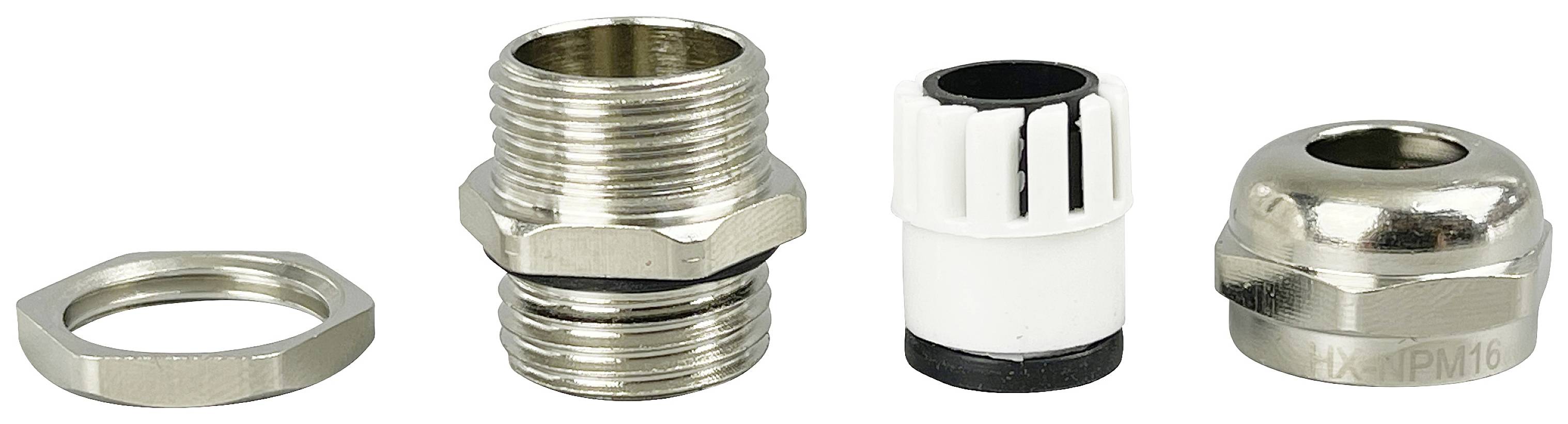 Quattro componenti metallici e in plastica di un set di raccordi per cavi su sfondo bianco, tra cui un dado di serraggio e una guarnizione.