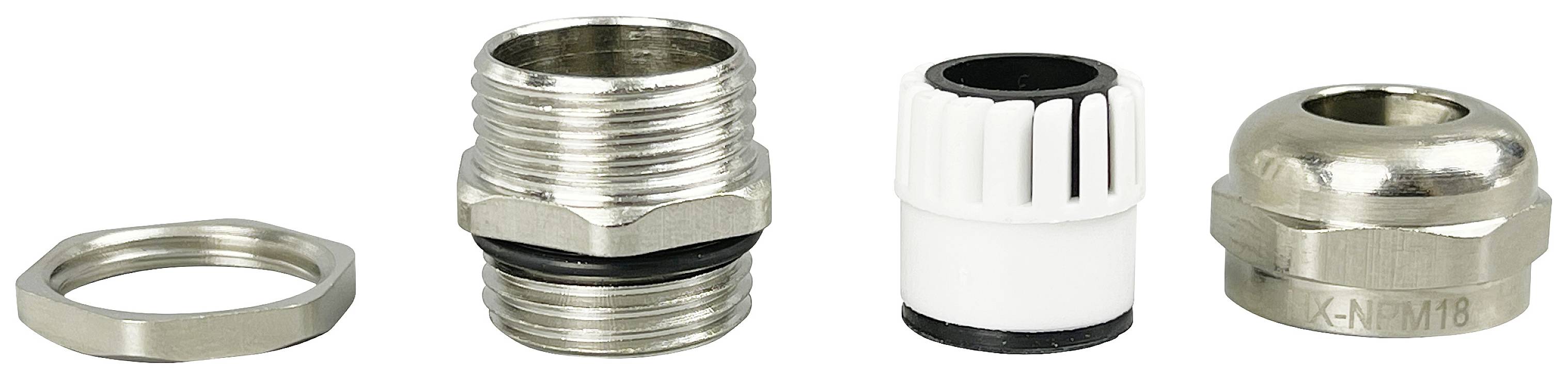 Quattro componenti in metallo e plastica di un sistema di raccordo per cavi disposti in sequenza: dado, guarnizione, anello interno, parte del corpo.