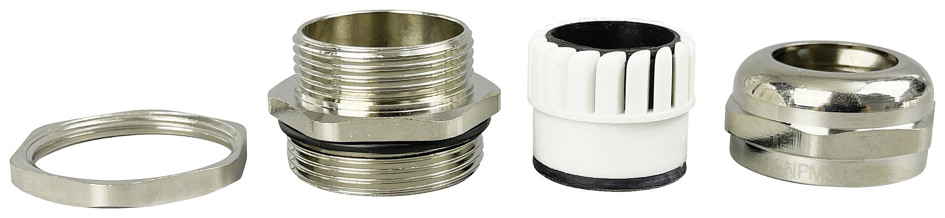 Quattro componenti metallici per raccordi a compressione in sequenza: dado esagonale, corpo filettato, inserto con lamelle, dado di serraggio.