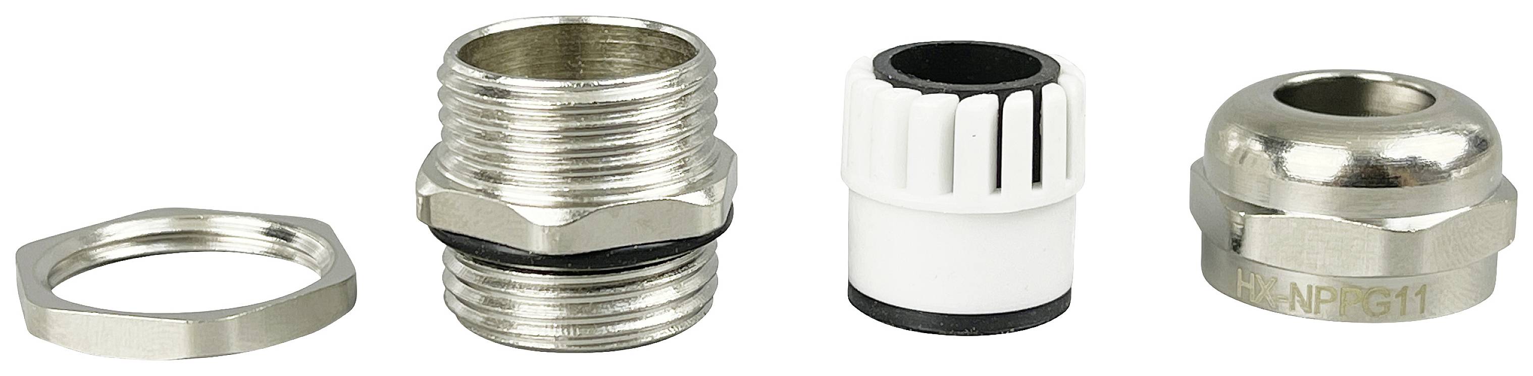 Quattro componenti metallici, tra cui un raccordo filettato con guarnizione, un connettore, un filtro e un pressacavo.