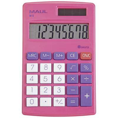 Un calcolatore rosa con alimentazione solare, che mostra la sequenza numerica '12345678' sul display. Tasti in viola e bianco.