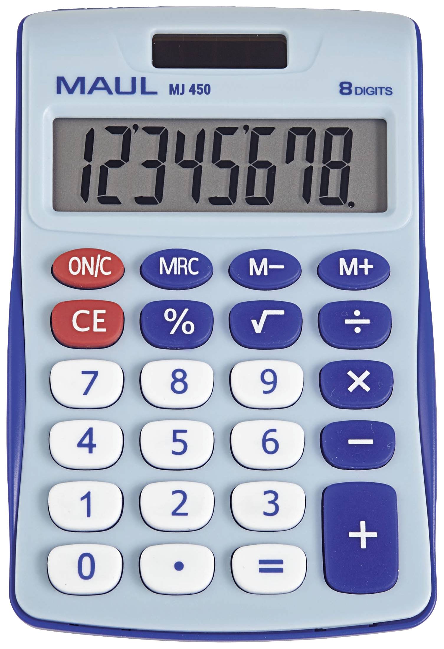Calcolatrice blu con display digitale che mostra '12345678'. Tasti rettangolari, con cifre e tasti funzione come +, -, CE.