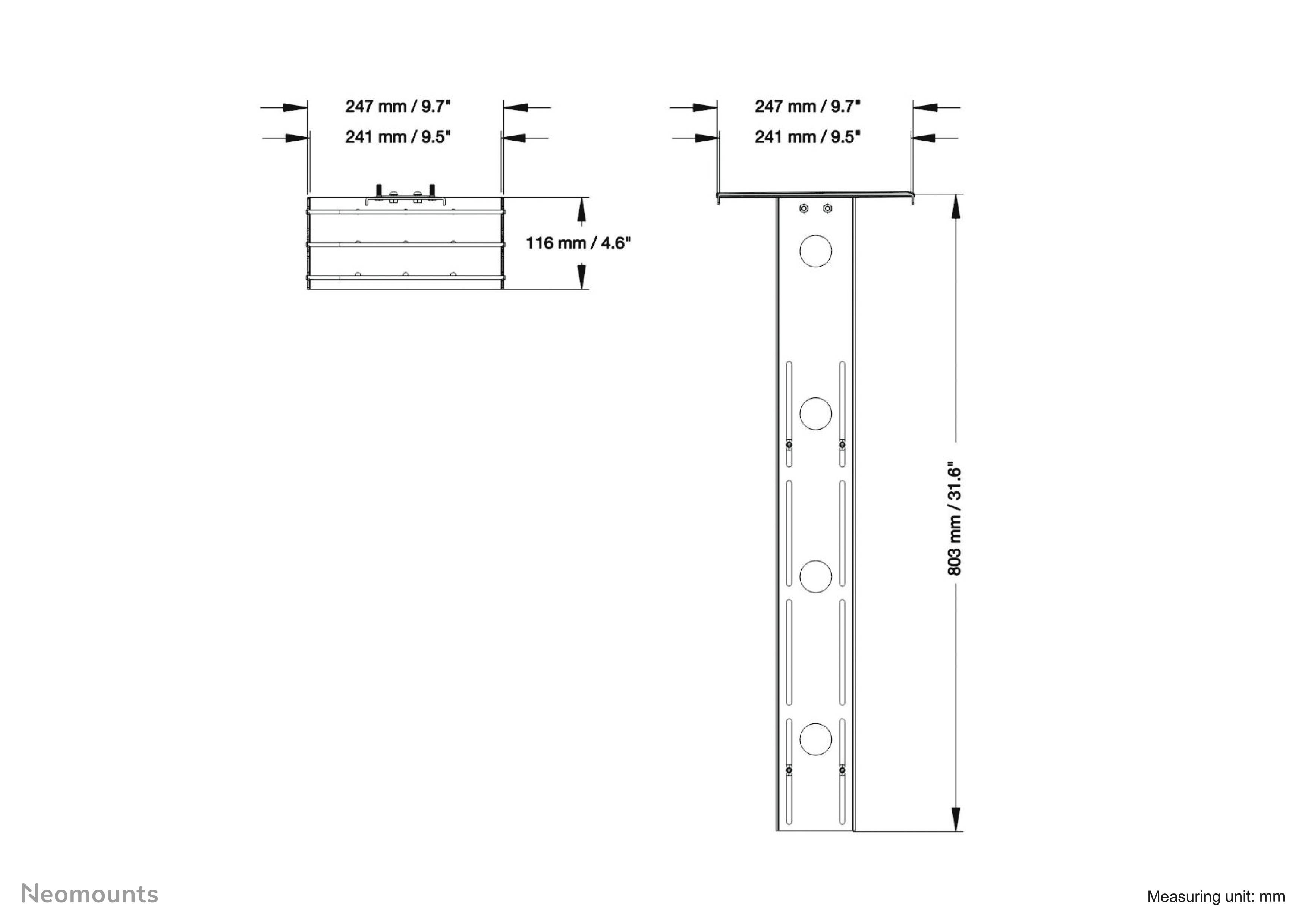 'Disegno tecnico di un supporto. In alto a sinistra: larghezza 247 mm, profondità 116 mm. A destra: lunghezza 808 mm. Unità di misura: mm.'
