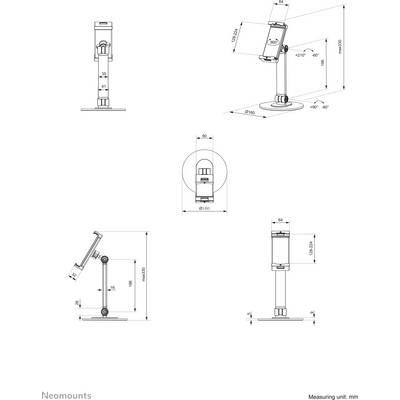 Un disegno tecnico di un supporto monitor regolabile con più viste, dimensioni e angoli di inclinazione, rotazione e movimento in millimetri.