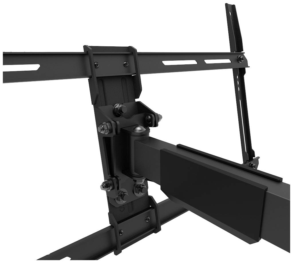 Supporto per montaggio TV a parete, realizzato in metallo resistente con bracci regolabili e molteplici punti di fissaggio.