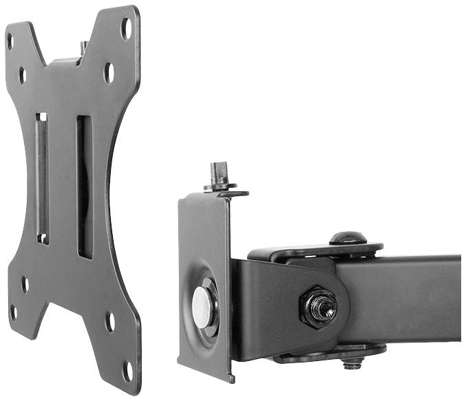 Supporto per monitor in metallo con braccio orientabile, idoneo al montaggio a parete di schermi piatti. Include viti e componenti di fissaggio.
