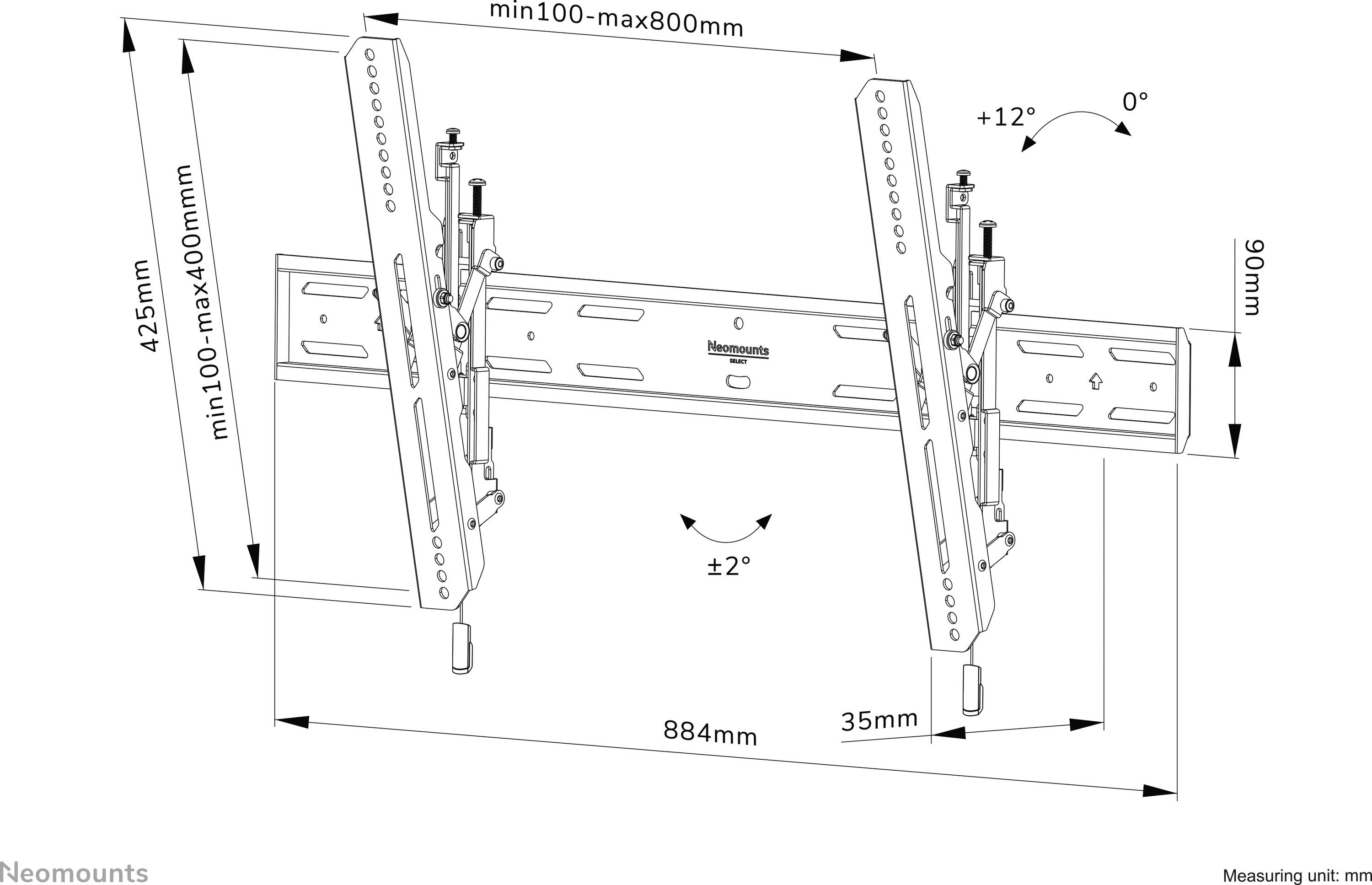 Supporto da parete Neomounts per schermo, regolabile da 100x100mm a 800x400mm, inclinazione da +12° a 0°, rotazione di ±2°, altezza 425mm, larghezza 884mm.