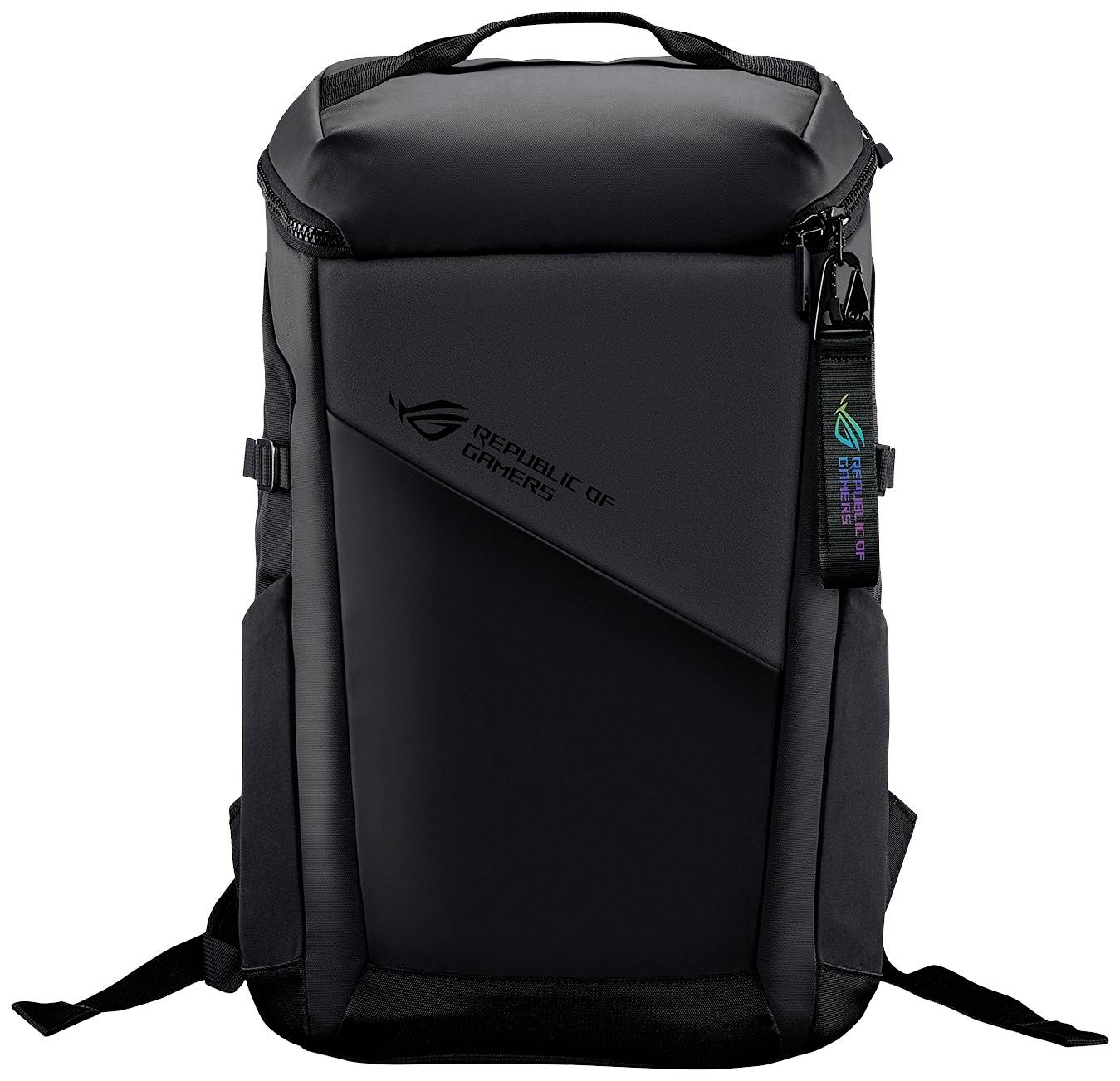 Zaino da gaming nero con zip e manico, contrassegnato con 'Republic of Gamers'.