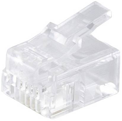 Un connettore Ethernet trasparente, noto anche come connettore RJ45, utilizzato per collegare cavi di rete.
