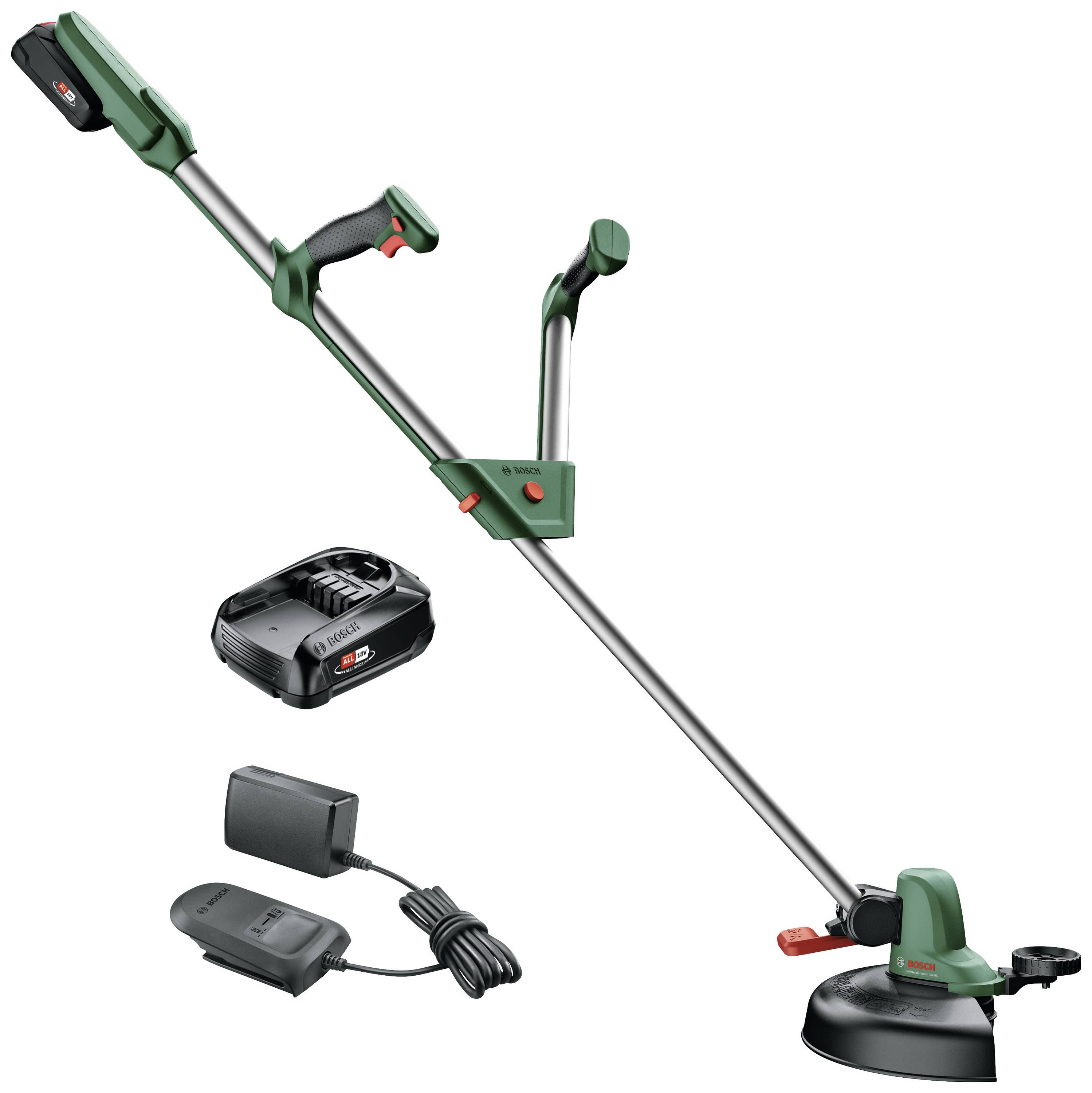 Tagliabordi a batteria in verde e nero con caricabatterie e batteria. Perfetto per la manutenzione del giardino e il taglio preciso delle aree erbose.