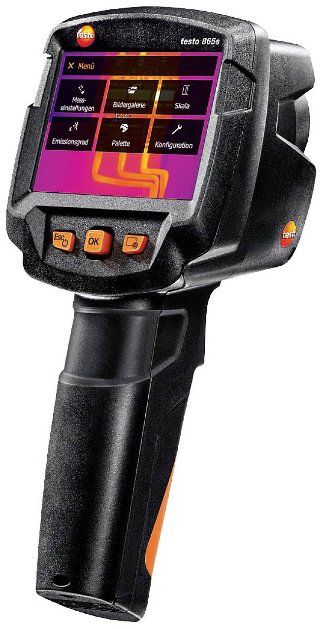 Una termocamera Testo con display digitale. Mostra un menu con opzioni come 'Galleria immagini', 'Tavolozza' e 'Configurazione'.