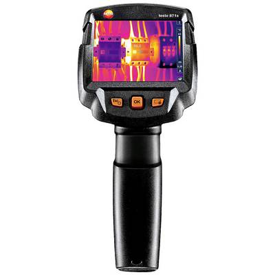Una termocamera mostra un display con diverse zone di temperatura in rosso, arancione e viola, con la temperatura massima di 35 gradi.