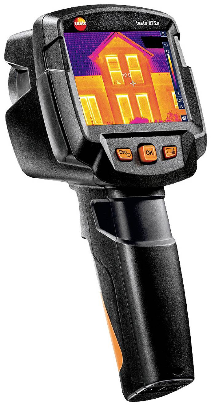 Una termocamera mostra la distribuzione del calore di una casa su un display. Colori principali: Rosso, Giallo, Blu.