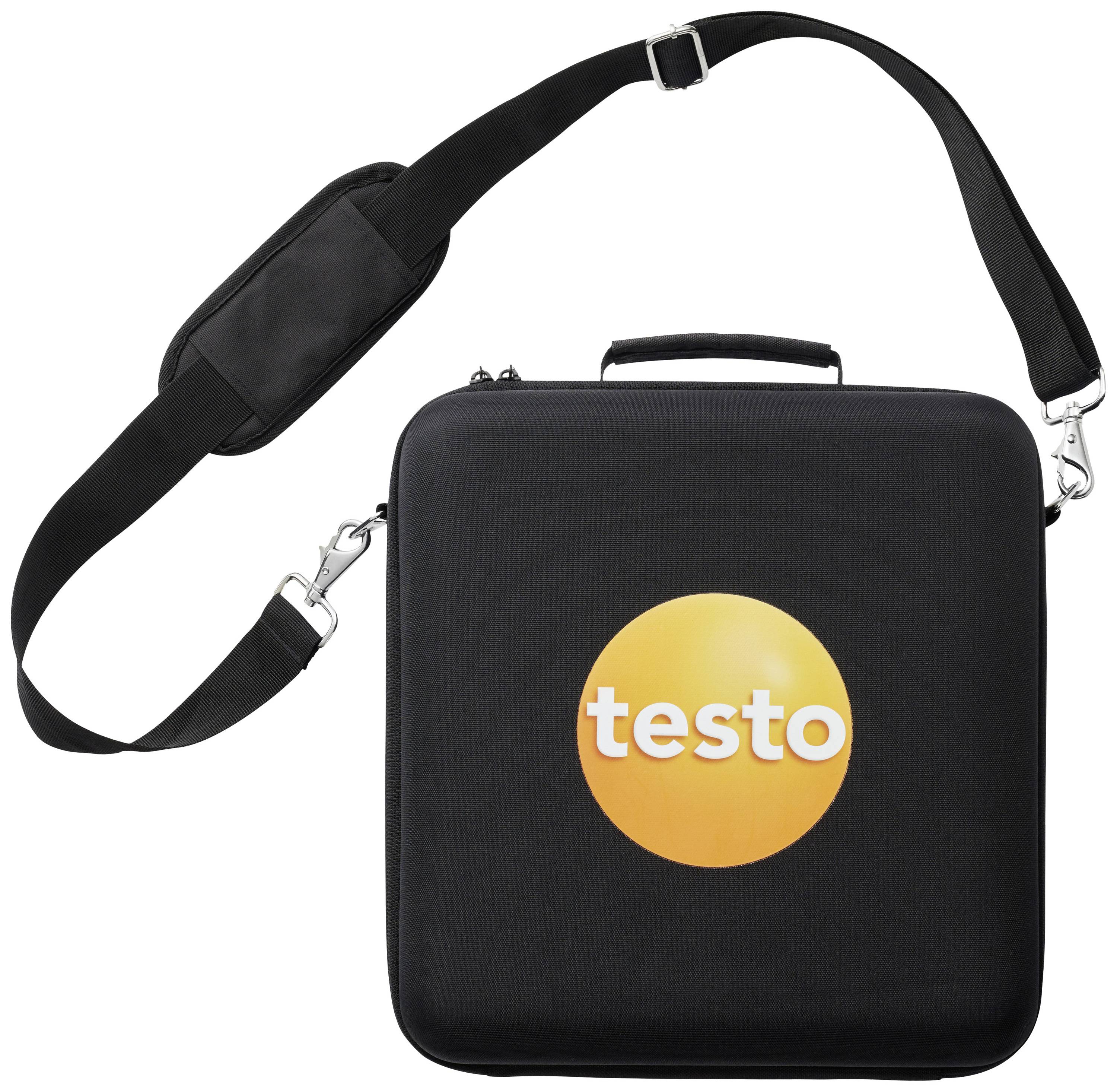 Borsa nera con tracolla e logo arancione 'testo' sulla parte anteriore.