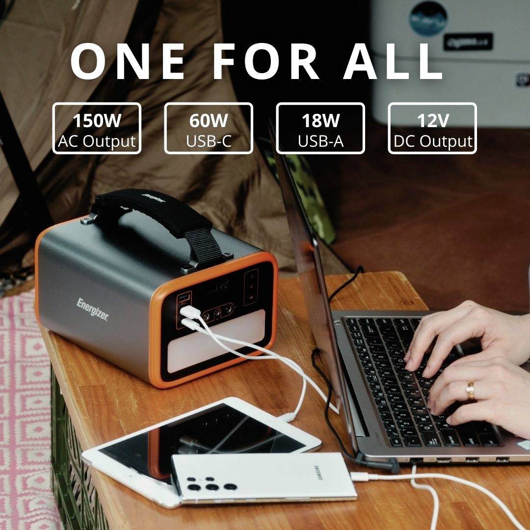 Fonte di energia portatile con multiple porte: 150W AC, 60W USB-C, 18W USB-A, 12V DC. Laptop e smartphone collegati.