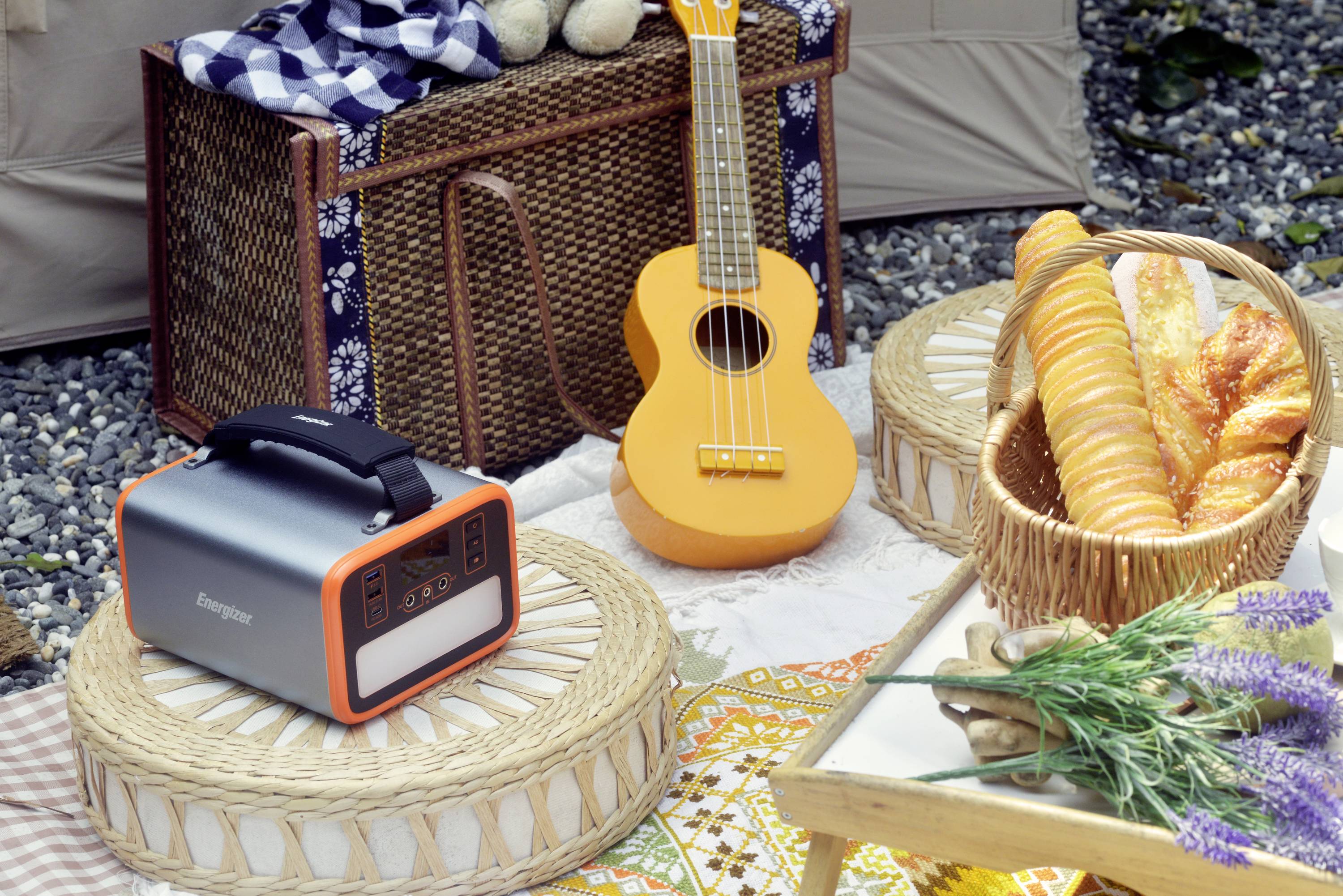Un picnic con un piccolo strumento musicale giallo, un cestino con un baguette e un altoparlante portatile su tappetini rotondi.