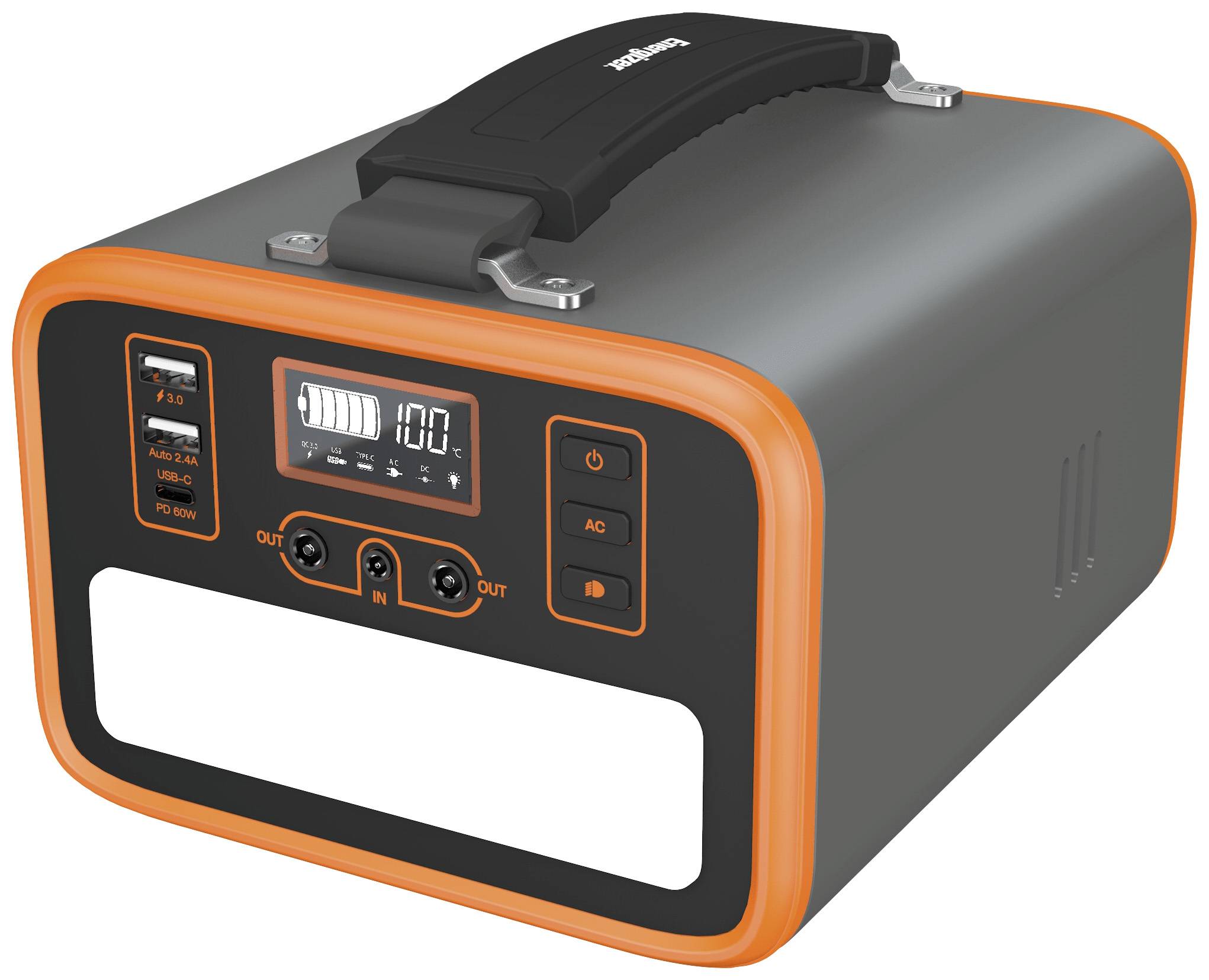 Stazione di alimentazione portatile con display digitale, connessioni USB e presa elettrica. Mostra la capacità residua della batteria in percentuale.