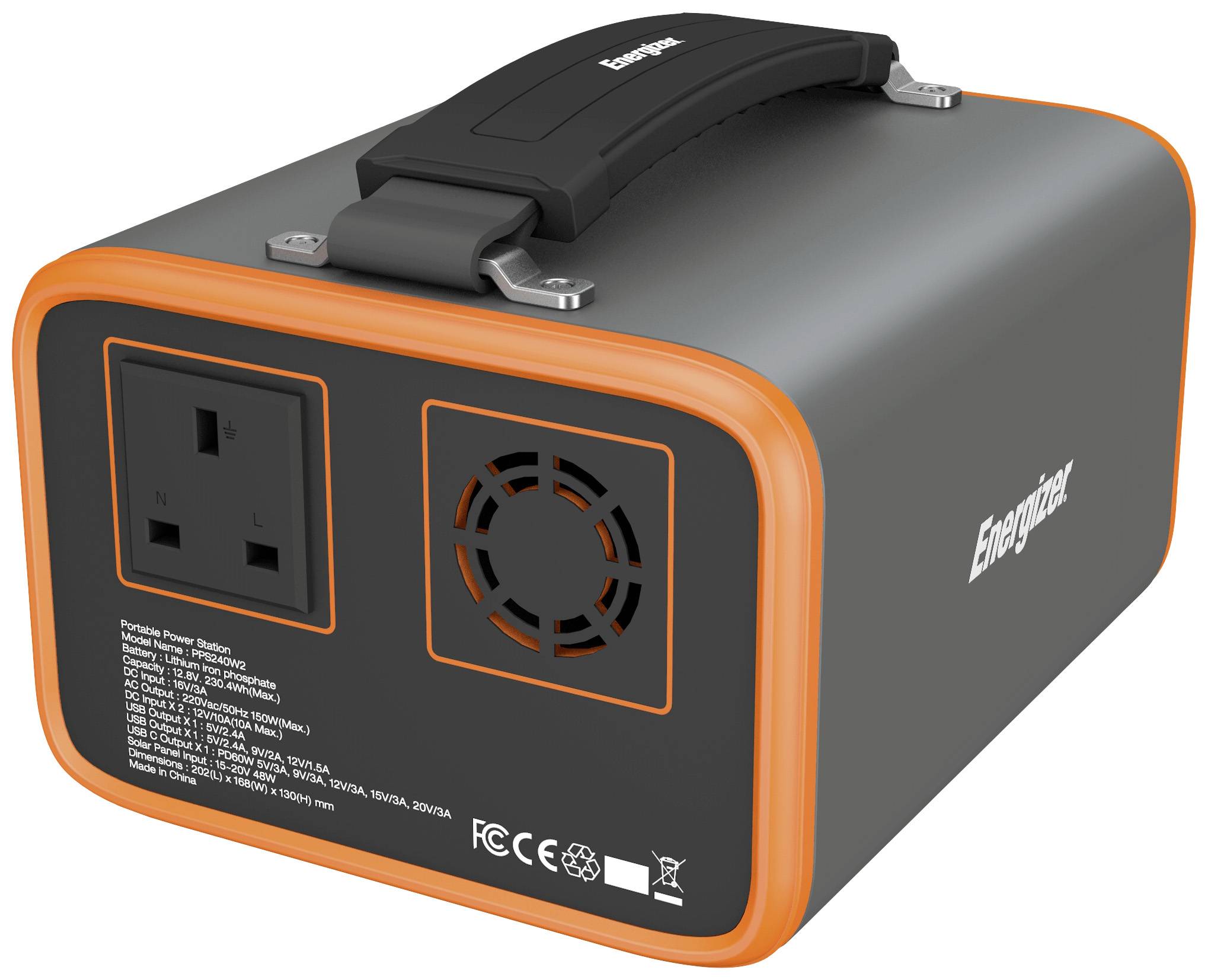 Stazione di alimentazione portatile Energizer con manico, presa elettrica e ventola. Contiene informazioni tecniche sul lato anteriore.