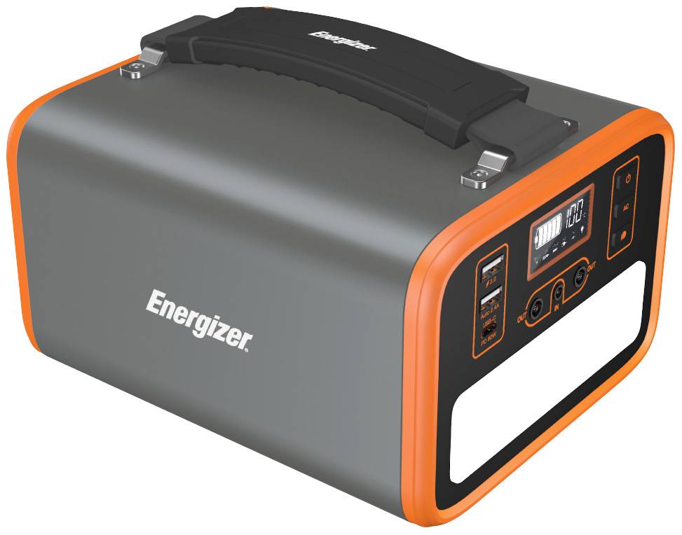 Stazione di alimentazione portatile di Energizer, con involucro grigio e accenti arancioni, display e connessioni sul lato frontale.