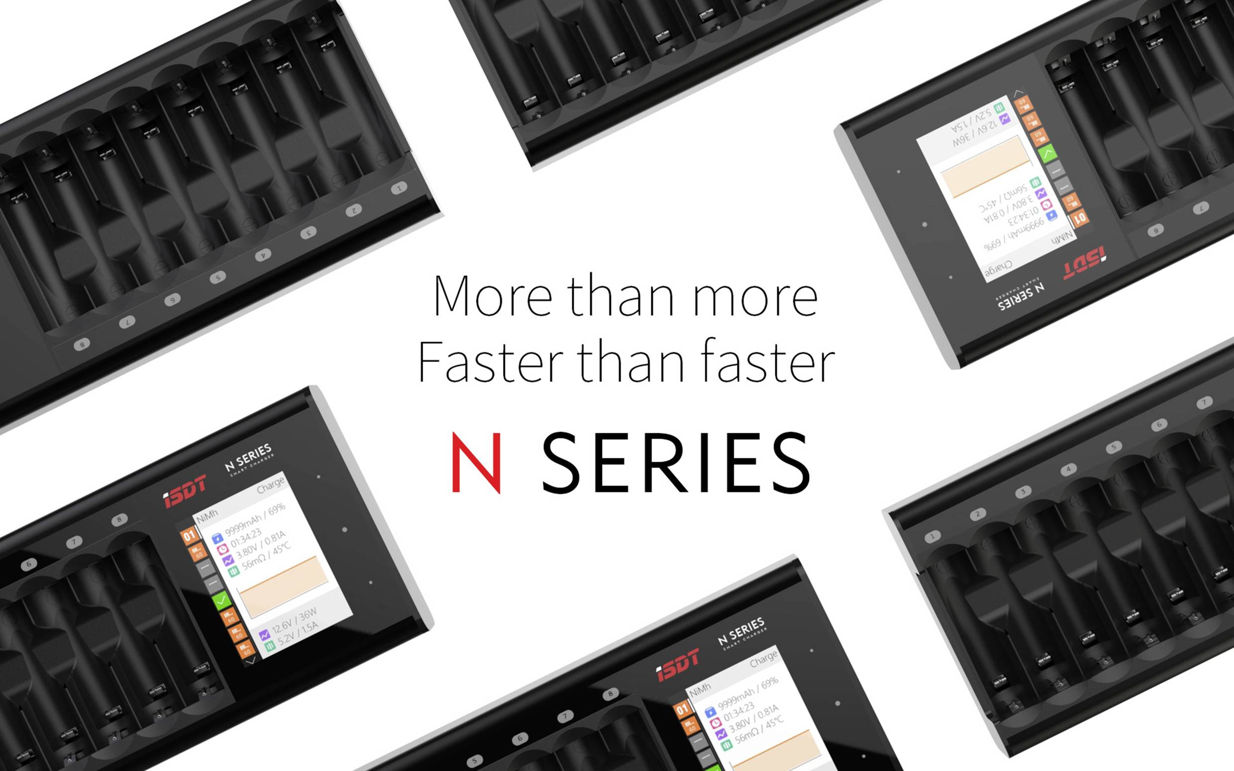 La grafica mostra diversi caricabatterie della serie N di ISDT con display. Testo al centro: 'More than more Faster than faster N SERIES'.