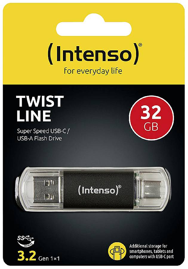 Chiavetta USB di Intenso con scritta 'Twist Line', memoria da 32 GB, compatibile con USB-C/USB-A. Confezione in giallo e nero.