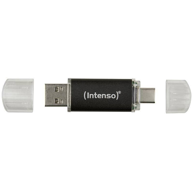 Una chiavetta USB con connettori su entrambi i lati, a sinistra un connettore USB-A e a destra un connettore USB-C, con un involucro nero.