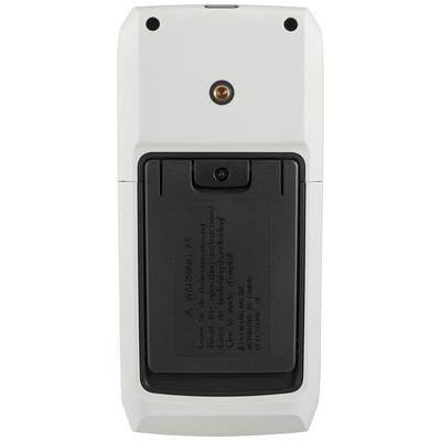Un dispositivo elettronico portatile con il retro aperto, vano batteria o scheda di memoria visibile e testo informativo.