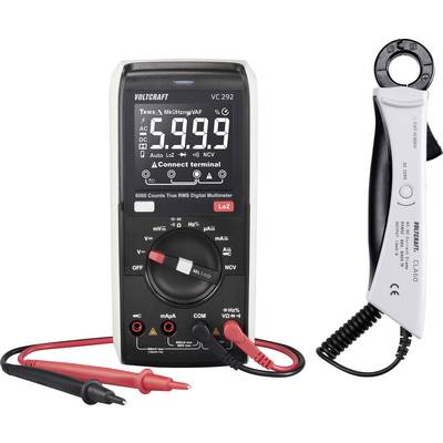 Un multimetro digitale mostra il valore '50.99'. Accanto, un adattatore pinza amperometrica per misurare la corrente elettrica.