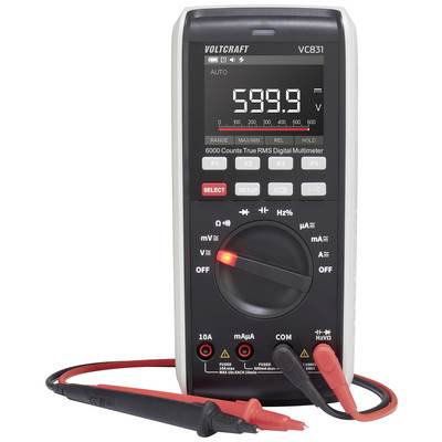 Multimetro digitale con display che indica 599,9, vari parametri di misurazione e cavi di misura rossi.