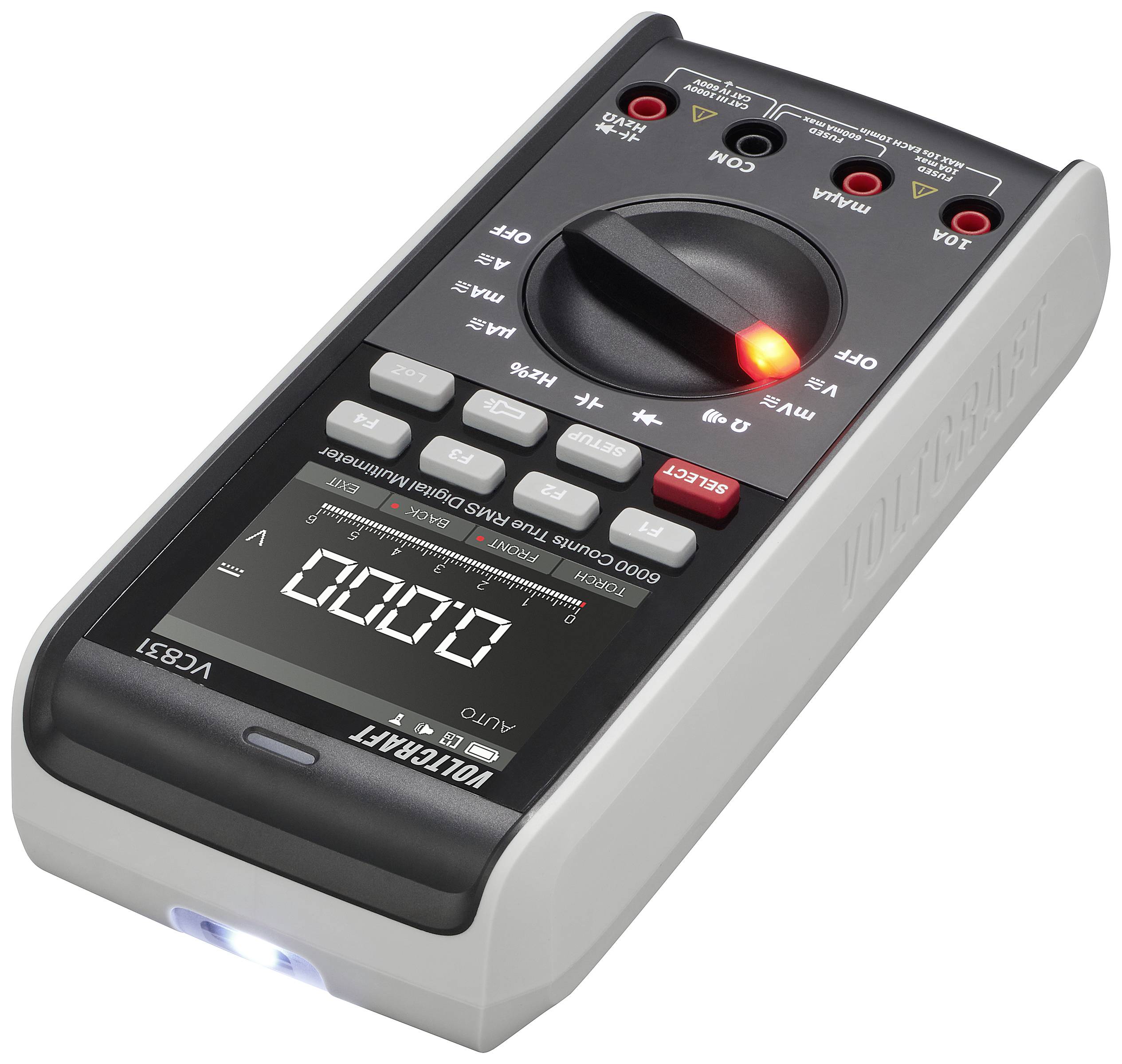 Multimetro digitale con display e selettore rotativo per misurare tensione, corrente e resistenza. Un LED si illumina di rosso.