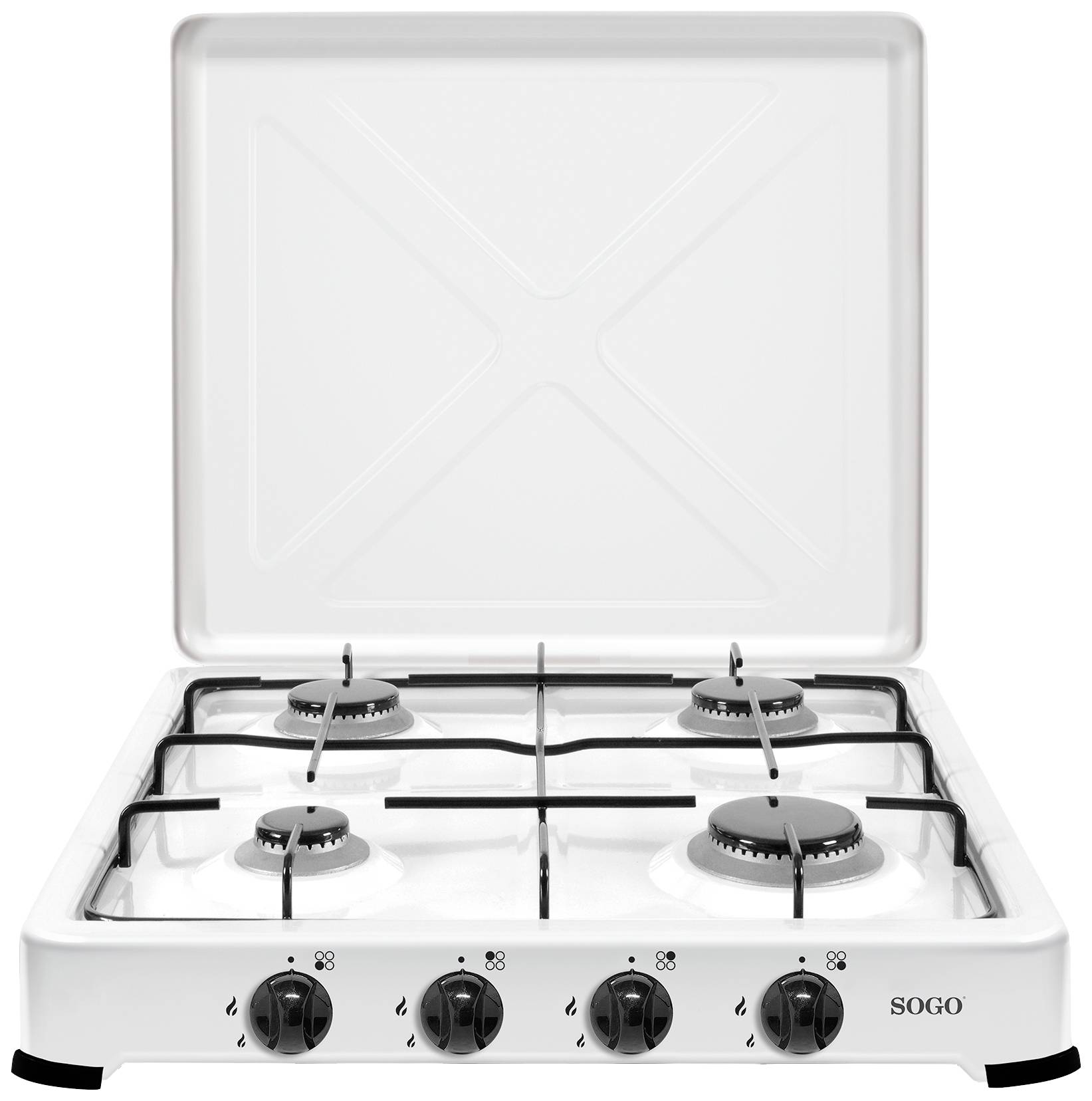 Un fornello a gas bianco con quattro fuochi e manopole nere sul lato anteriore. Il fornello ha un coperchio sollevato.