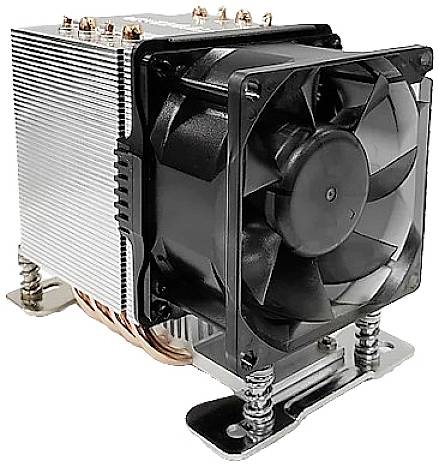 Un ventilatore nero per computer con dissipatore di calore in metallo, montato su un supporto. Si trova in posizione di riposo.