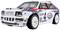 Un'auto da corsa bianca con il numero 4 e adesivi Martini Racing, fari distintivi, design sportivo, estetica da rally.