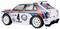 Un'auto giocattolo bianca con il numero 4, strisce da corsa blu e rosse, e la scritta 'Martini Racing'. Design da rally.