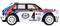 Piccola macchina radiocomandata in stile rally con cerchi bianchi, vivace motivo a strisce e il numero '4' sul lato.