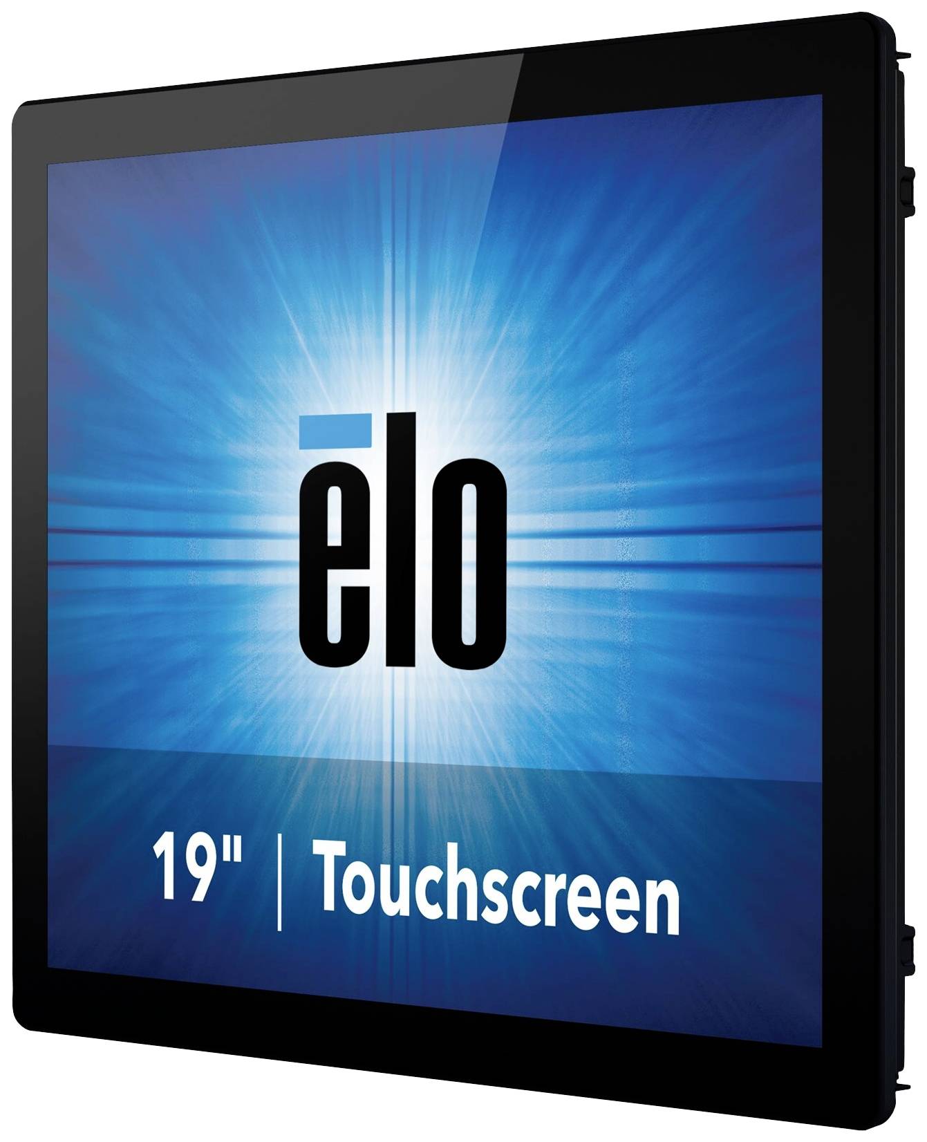 Monitor touchscreen Elo da 19 pollici, che mostra uno sfondo blu brillante con il logo Elo al centro.