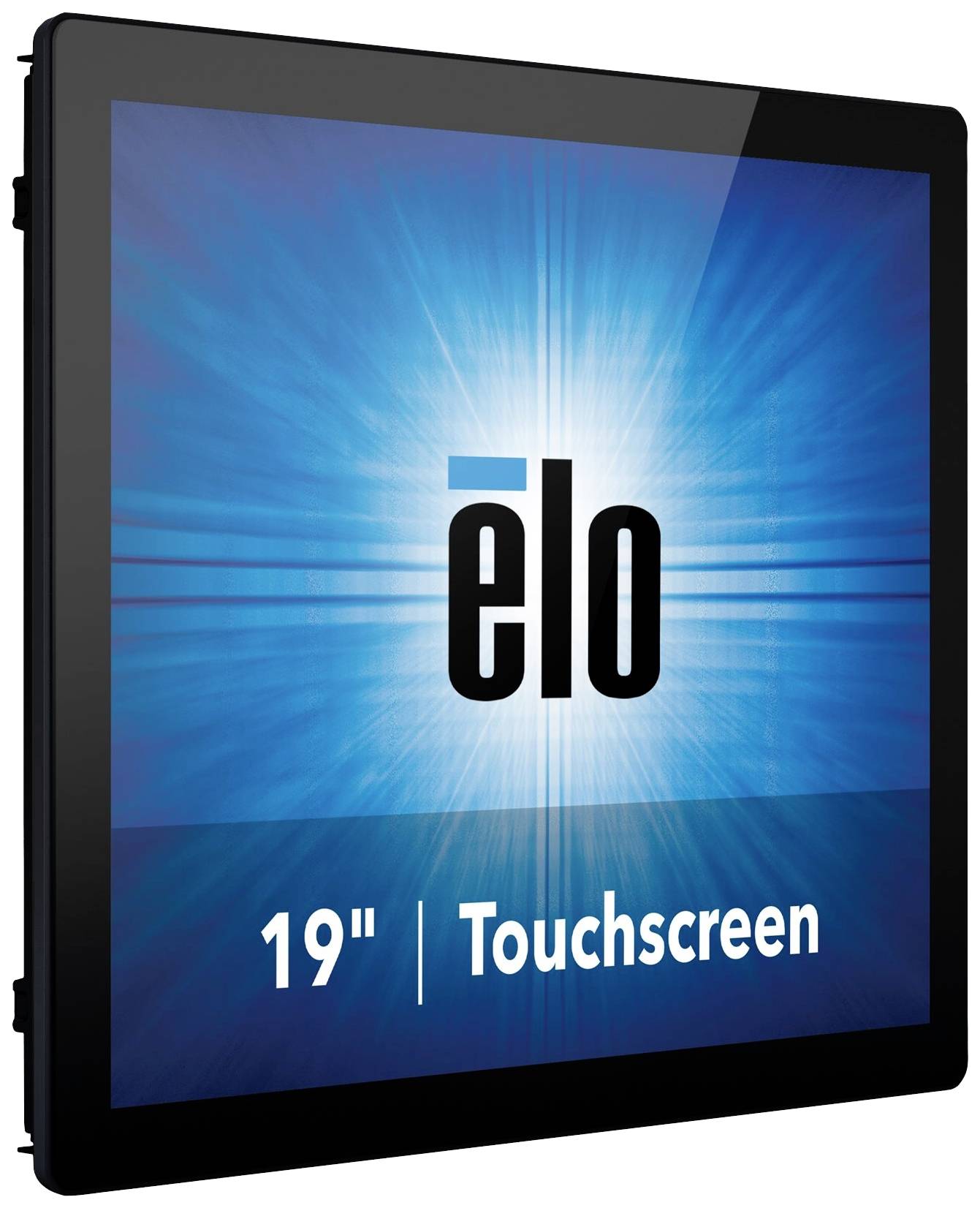 Un monitor touchscreen da 19 pollici con il logo 'Elo' su uno sfondo blu brillante.