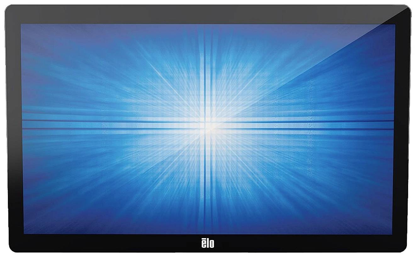 Monitor con uno schermo blu brillante che mostra il logo 'elo' in basso a destra.